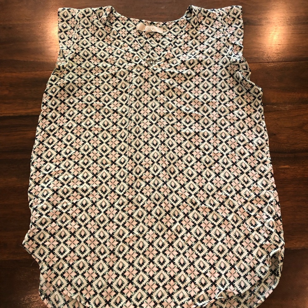 Loft, size small, summer top, print with white, navy, mint, pink design
